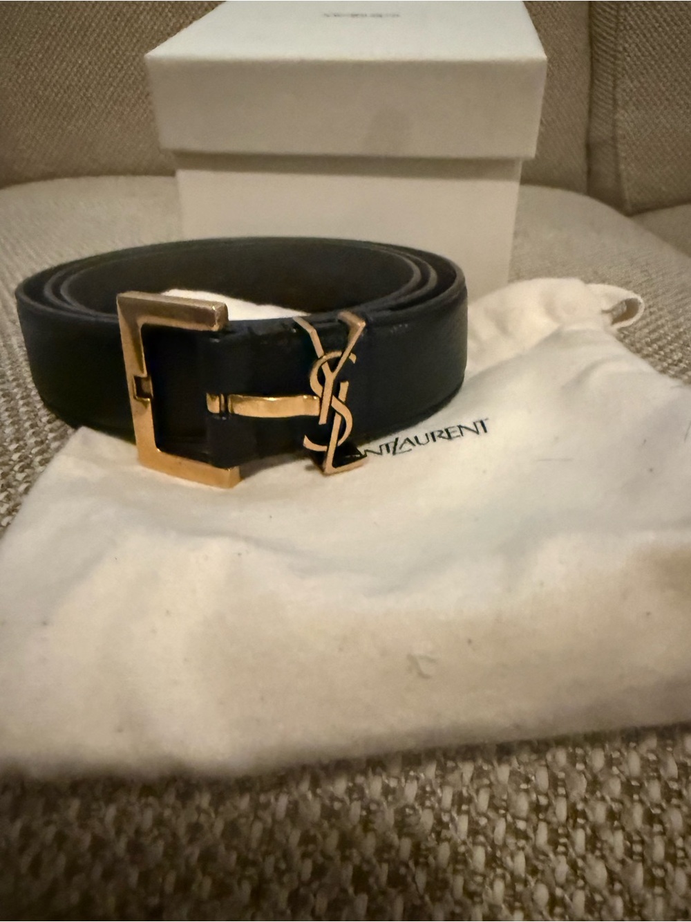 Authentic Saint Laurent Black Leather Women’s Belt with Gold YSL Buckle